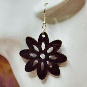 Floral flower cutout earrings brown top grain leather grain leather hand crafted